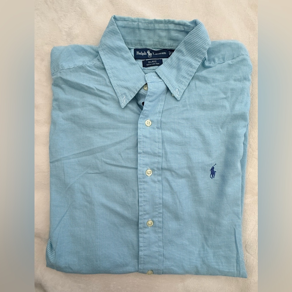Ralph Lauren Mens Classic Fit Gingham Long Sleeve Button Down Shirt L Aqua
